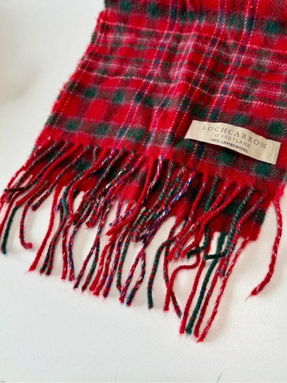 Lochcarron of Scotland 100% Lambswool Plaid Scarf Red Blue Fringed 69” x 9.25”